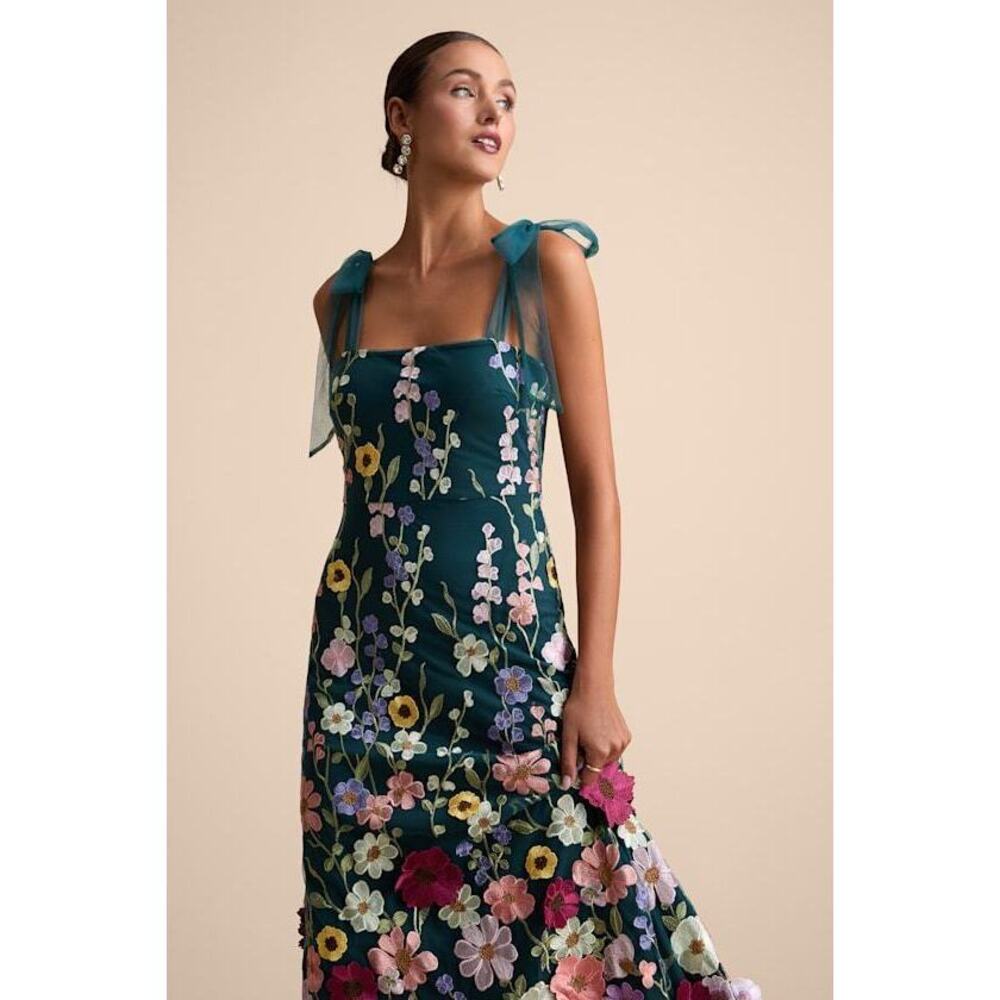 Lulus Thriving Poise Teal 3d Floral Embroidered Tie-strap Maxi Dress Green